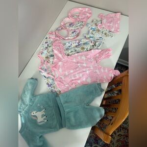 Baby Girl Bundle 0-3 Months Unicorn Clothes Set 9pc + Fleece Pajamas 2pc